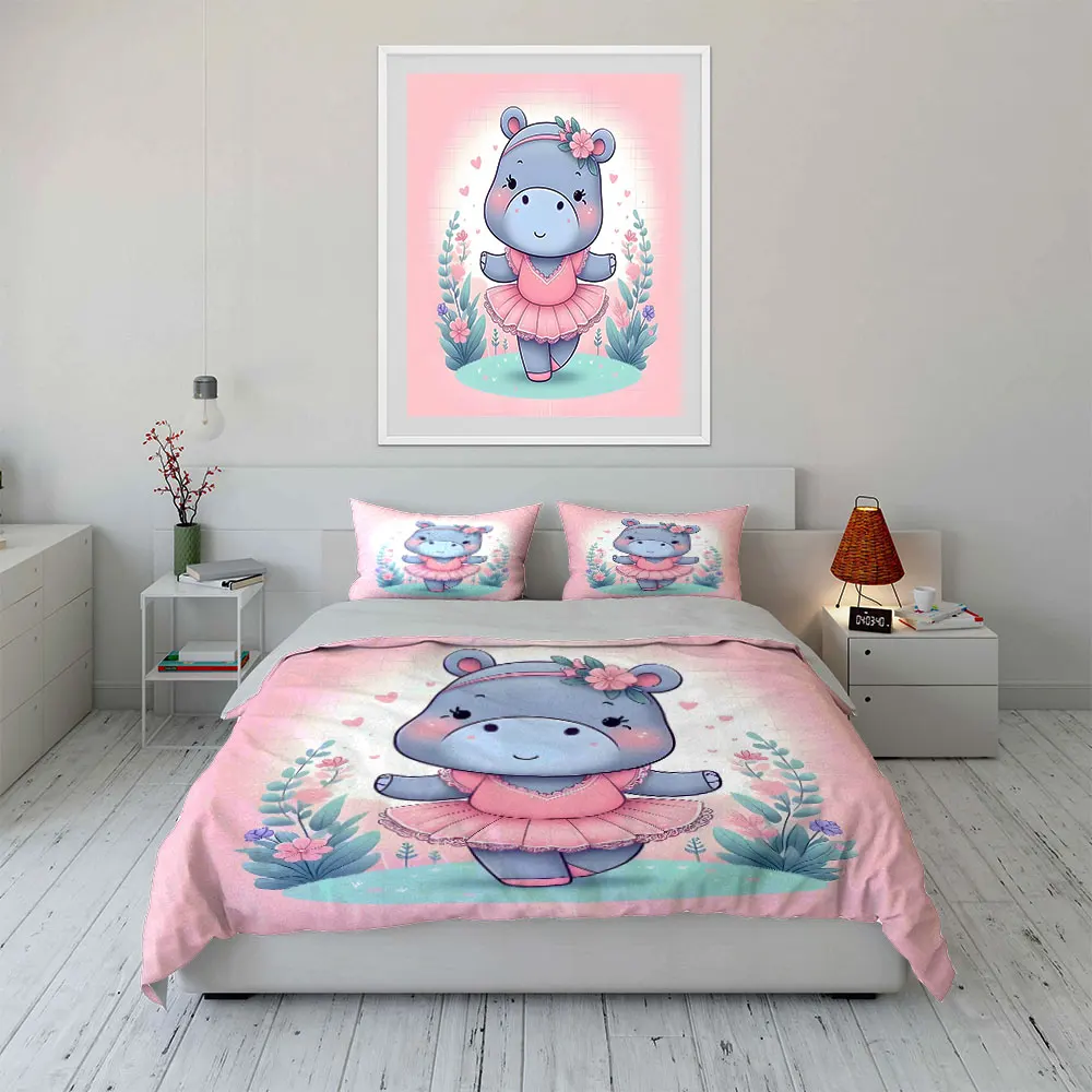 Cute hippo in pink dress strolling Duvet Cover Set with 3D Printing Design Soft Polyester Bedding Set All-Season Comfort