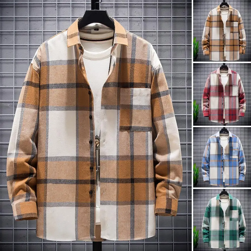 

Spring Coat Stylish Casual Men Autumn Shirt Color Block Plaid Print Men Autumn Shirt Men Clothing