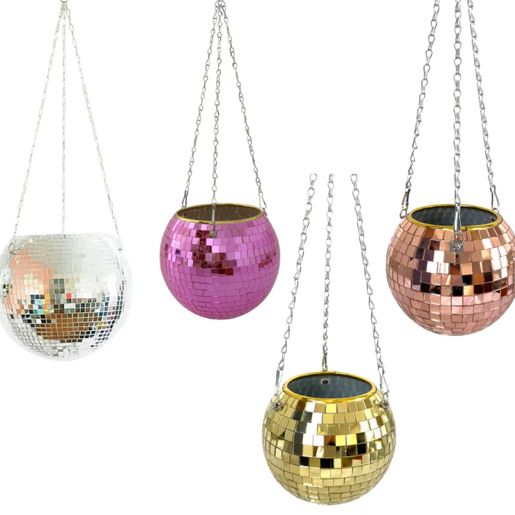 Disco-Spiegelkugel Hängender Blumentopf Sukkulenten-Pflanzgefäß für Innen- und Gartenbereich Wanddekoration Vase mit Holzring-Kette – Detail 8