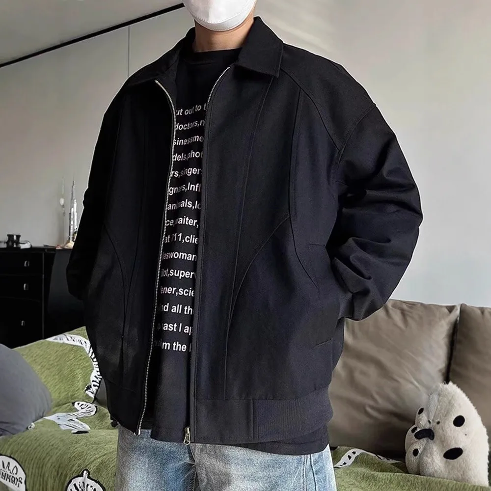 Spring Autumn New Fashion Men Solid Color Turn-down Collar Long Sleeve Zipper Casual Trendy Simple Basic Jackets Male Coats Tops