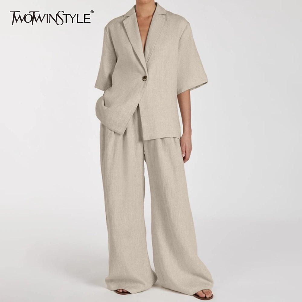 

TWOTWINSTYLE Solid Women's Two Piece Set Lapel Half Sleeve Cardigan Top Loose Waist Wide Legs Pants Casual Home Set Female Style