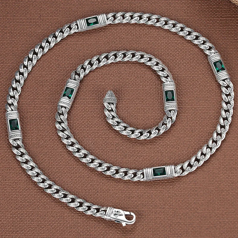 New Silver-Plated Grass Pattern Square Zircon Cuban Necklace Trendy Chain Valentine'S Day Ethnic Style Fashion Versatile