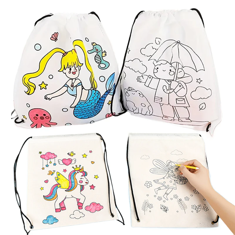 Drawstring Backpacks with Coloring Designs Non-woven for Students Office and Educational Supplies Tutorial Book Storage Bag TMZ