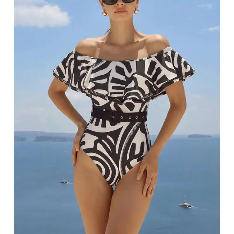 

Women Swimsuit And Skirt Vintage Printed One Piece Swimwear Flaxmaker 2026 Off Shoulder Black Bodysuit Biquini conjunto de