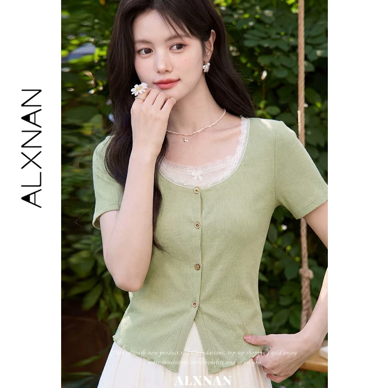 ALXNAN Blue Women's T-shirt with Lace Collar Elegant Wooden Flower Buttons Tees Casual Fake Two-piece Short Sleeve Top L62123-5
