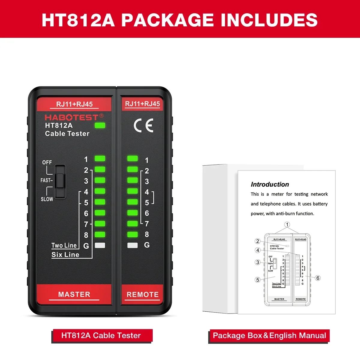 HABOTEST HT812A Cable Tester Network Cable Tester RJ11 RJ45 Dual-use Tester LED Status Display NC/HDMI Repair