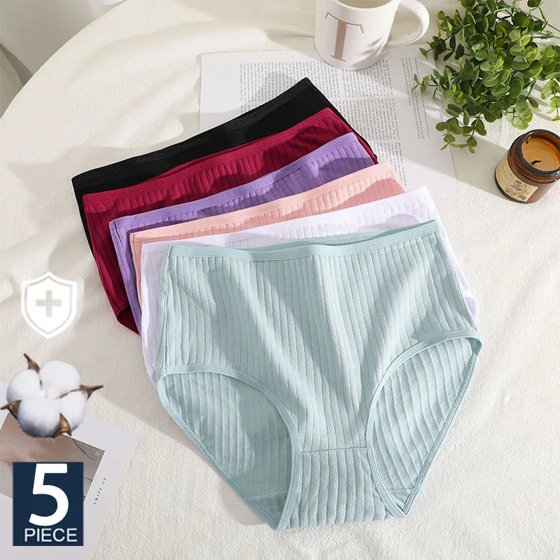 FINETOO 5Pcs Mittlere Taille 95% Baumwolle Höschen Sexy Dessous Plus Größe Streifen Slips Weibliche Unterwäsche Komfort Dessous Unterhosen