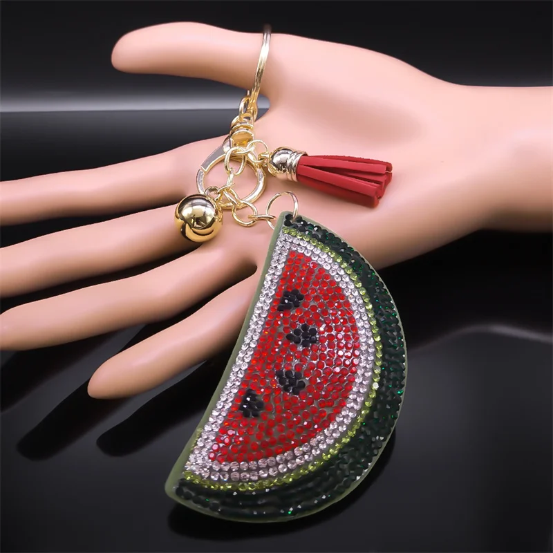 Kawaii Watermelon Full Crystal Key Chain Women Men Alloy Leather Gold Color Fruit Keyring Bag Car Accessories Jewelry K5100S05