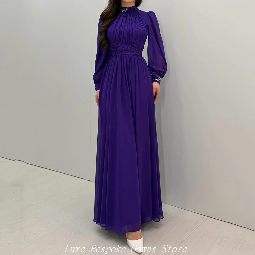 

Women's Formal Evening Gowns A-line Ankle-length High-neck Full Sleeve Prom Dresses Fashion Crystal Draped Customized Gowns