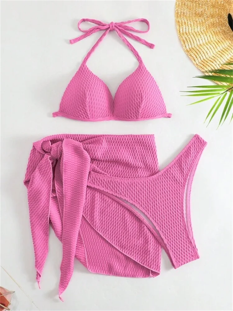 Bikini Women Swimsuit 2024 New Solid Halter Ribbed Bikinis Set Sexy Thong Swimwear Summer Three Piece Beach Bathing Suit Female