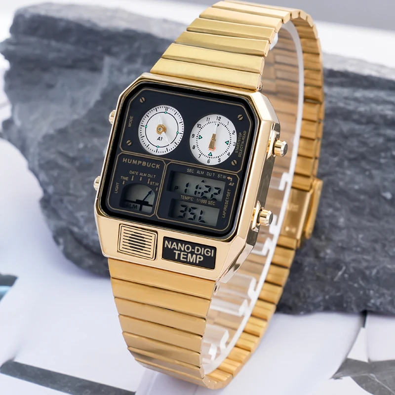 HUMPBUCK jam tangan kronograf pria, arloji baja tahan karat Stopwatch tahan air dengan kronograf dan tampilan waktu ganda