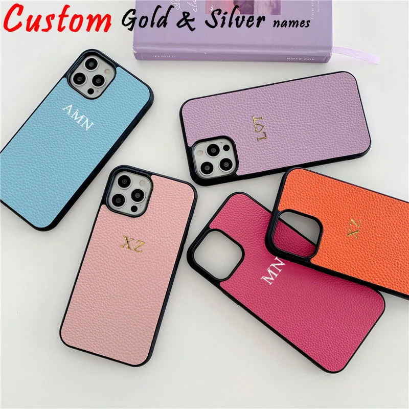 Gold initial Letters Personalised Leather Luxury Pebble Grain PU Case for iphone 13 15Pro Max 12 11 Pro Max X XS XR 14Plus Cover