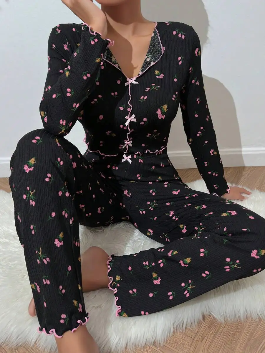 Black Floral print Women\'s Pajamas Sets Autumn Winter New Sexy Long Sleeve Tops Long Pants Korea Home Suit Night Wear Sleepwear