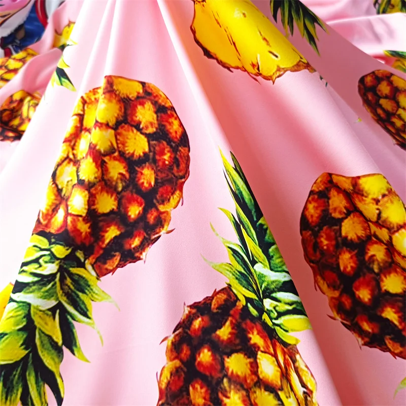 145cm wide Stretch satin pink bottom pineapple pattern digital printing fabric hand DIY sewing dress shirt fashion fabric