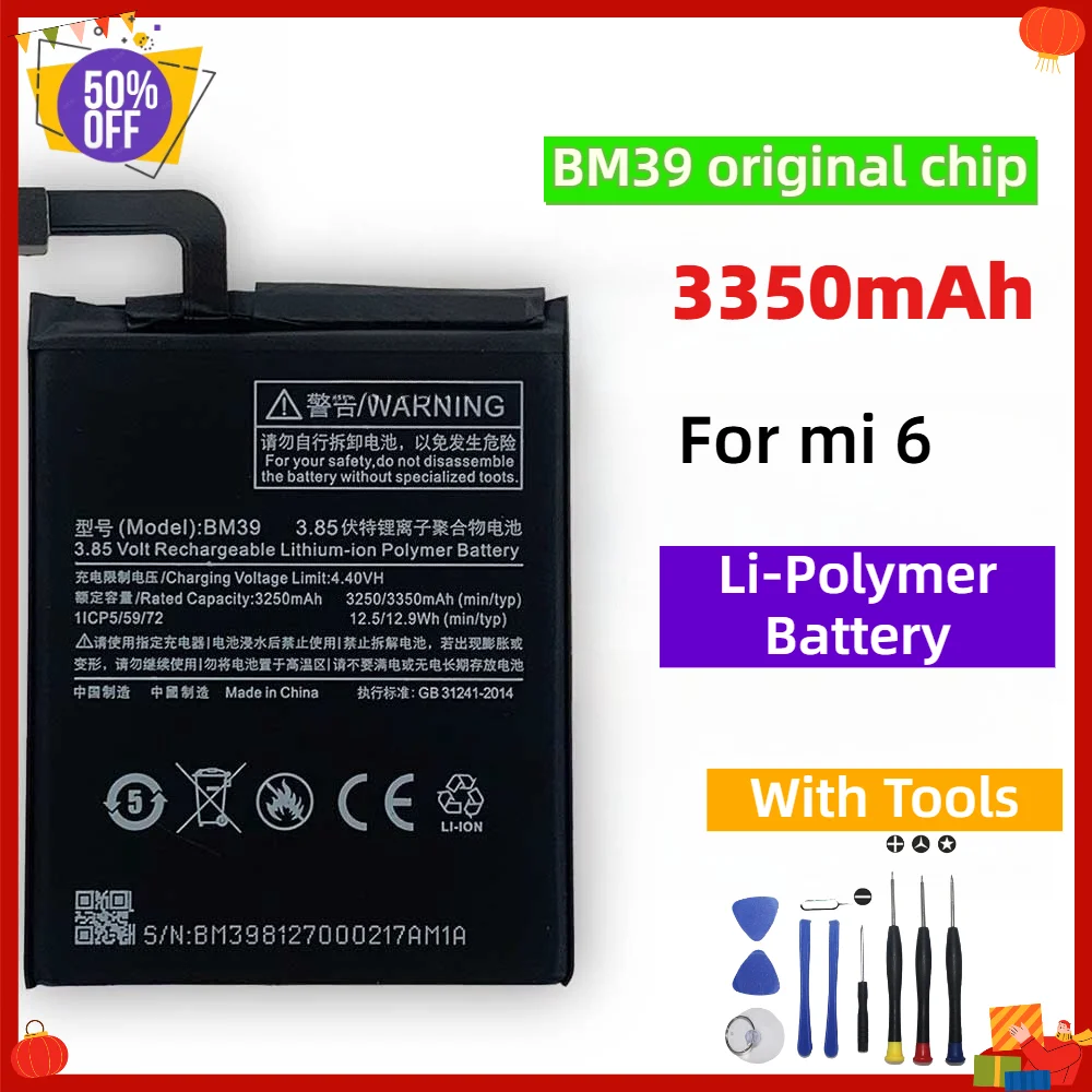 For Xiaomi Mi 6 Battery BM39 original chip 3350mAh Lithium Polymer Replacement Battery with Tools