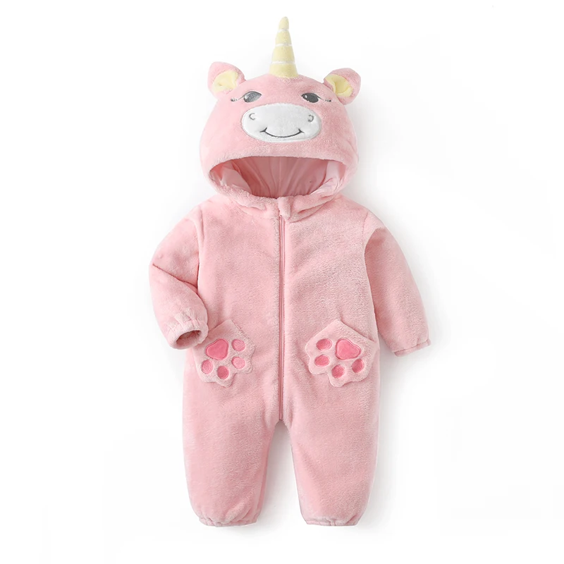 New Unicorn Lovely Baby Girls Clothes Rompers Infant Cartoon Kigurumis Baby Onesie Bodysuit Newborn Hooded Flannel Jumpsuits