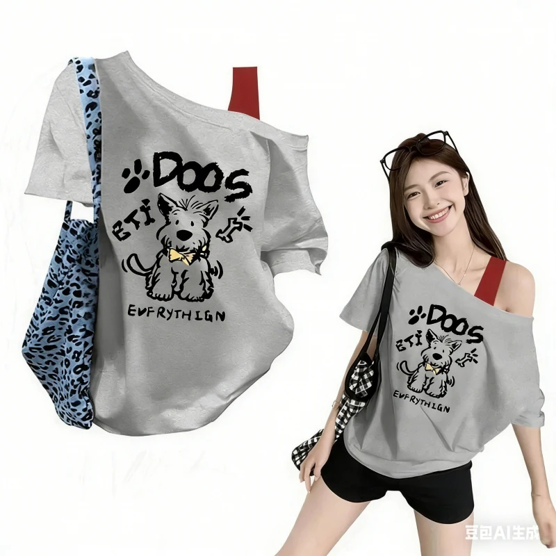 

American Vintage Dog Print Off Shoulder T-Shirt, Y2K Loose Slant Shoulder Short Sleeve Top, Casual Streetwear For Women