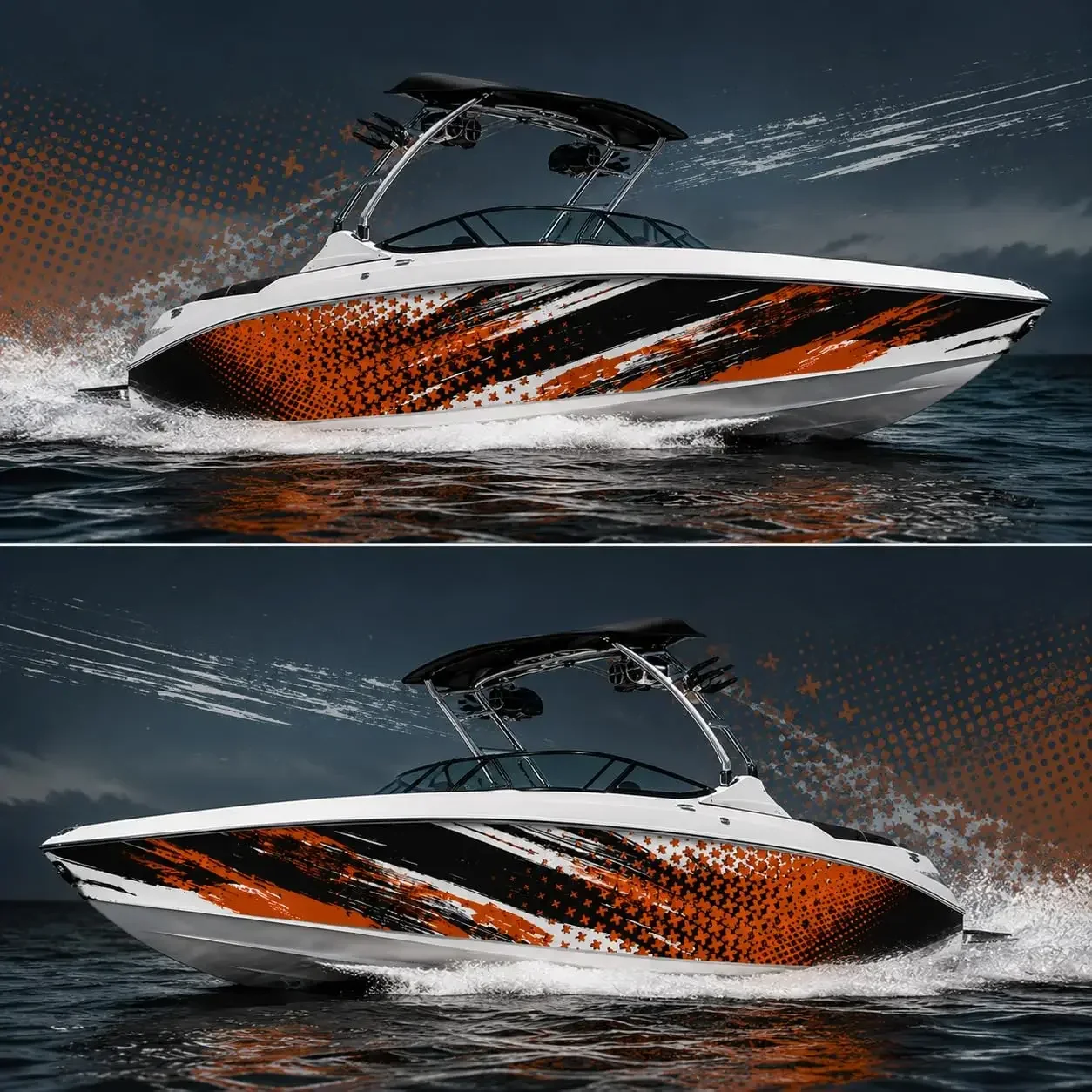 Orange Black and White Halftone Brush Graphic Stickers, 2-Piece Marine Side Wrap for Motorboats,