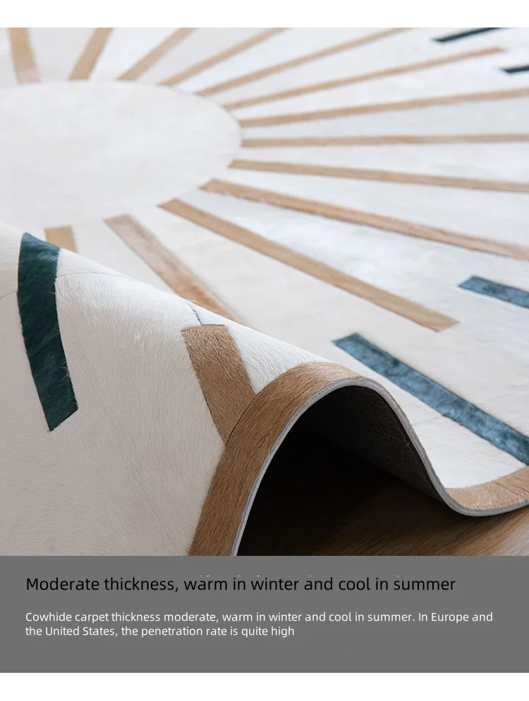 Handmade Real Cowhide Round Carpet Living Room Bedroom Sound-absorbing Rug Genuine Cow Fur Chair Floor Mat Sofa Coffee Table Mat