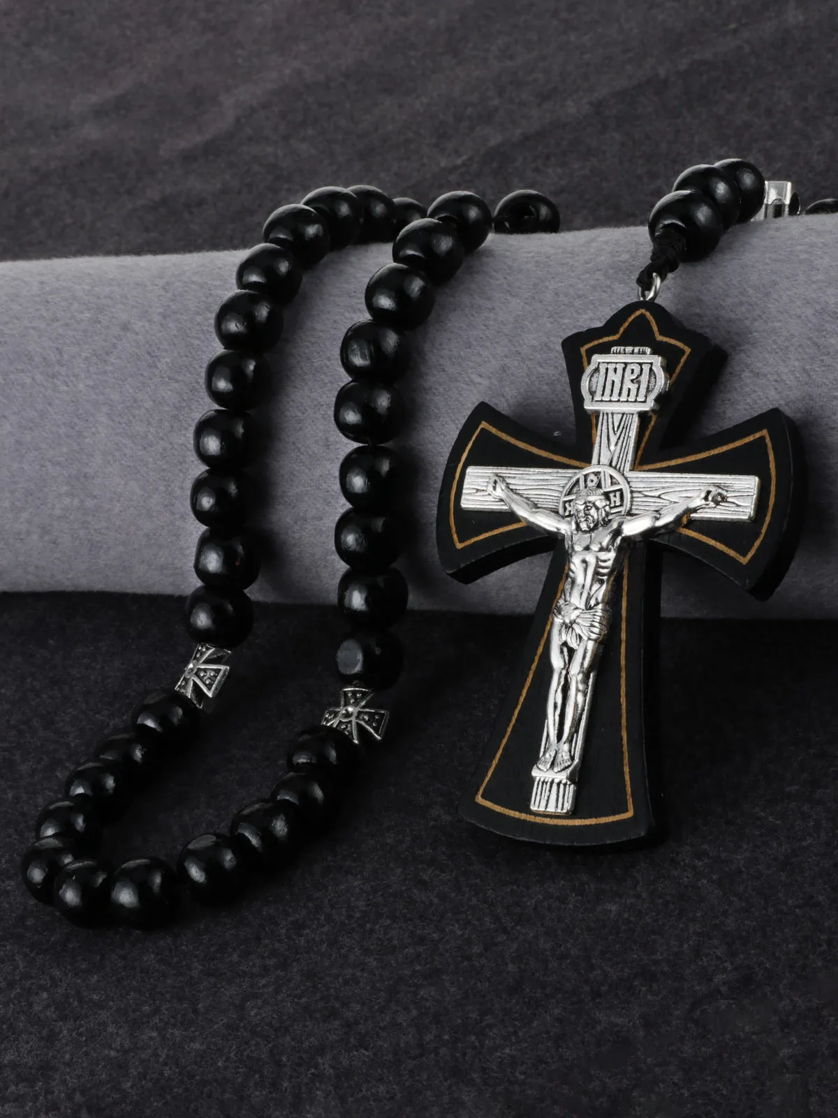 Orthodoxer Holzperlen-Rosenkranz mit INRI-Kruzifix, Jesus Christus Medaillen-Halskette, handgefertigte Gebetsperlen, Auto-Hängedekoration – Detail 7