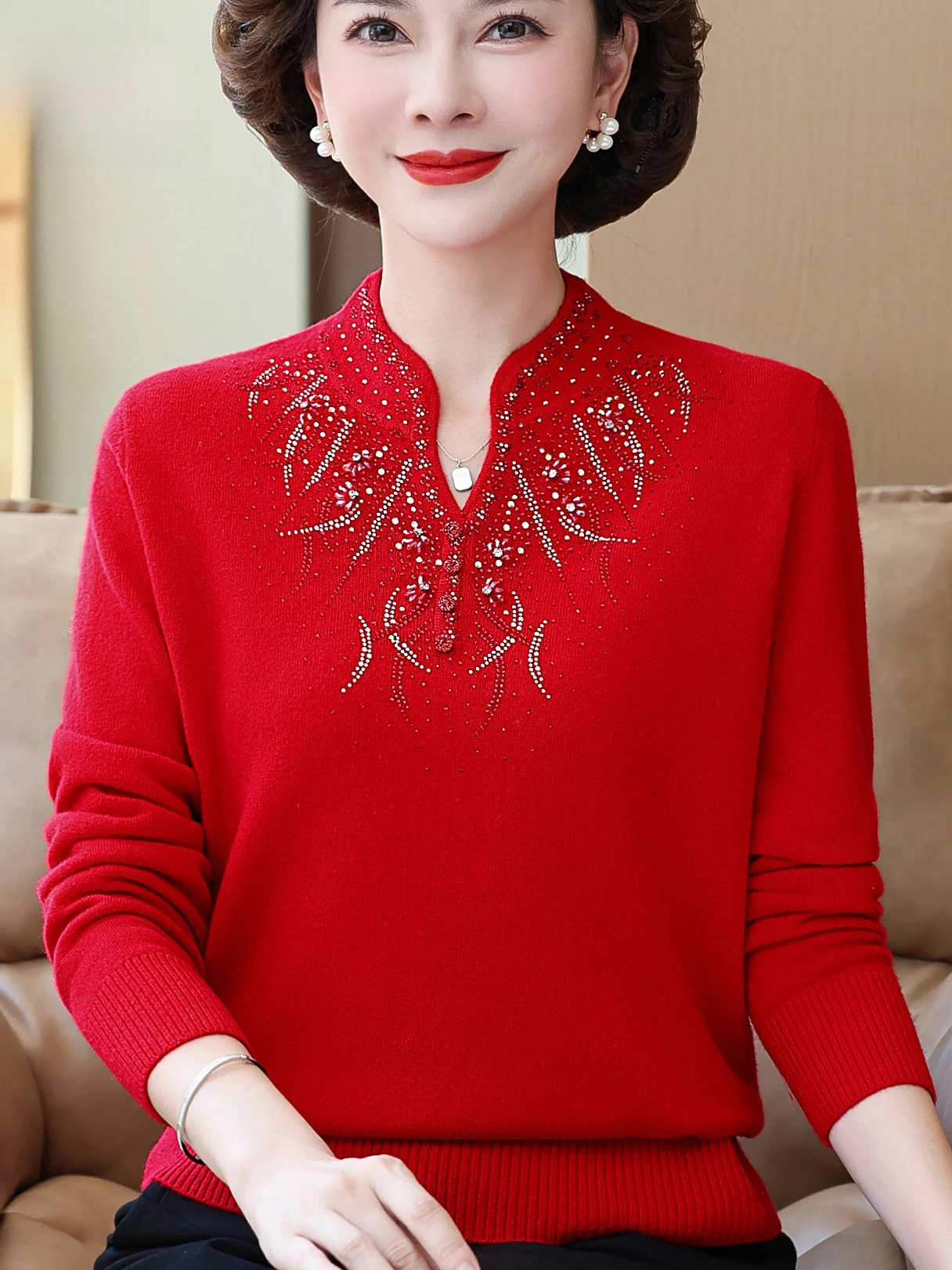 

Осенне-зимний вязаный свитер с воротником Qipao и тяжелой вышивкой для мамы Sle Faionable, высококачественный фиолетовый топ для среднего возраста...