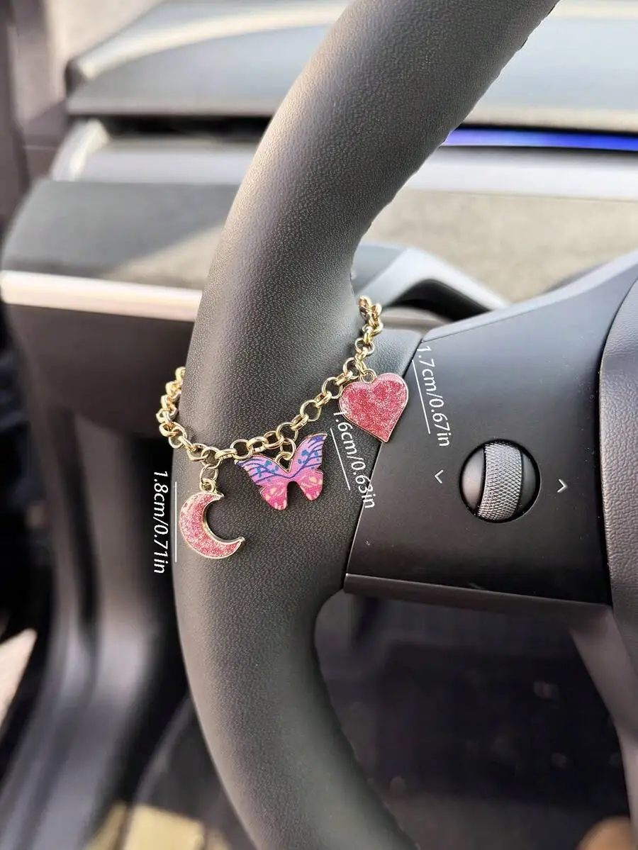 Womens Car Steering Wheel Charm Pendant Alloy With Rhinestone Heart Butterfly Moon Decor