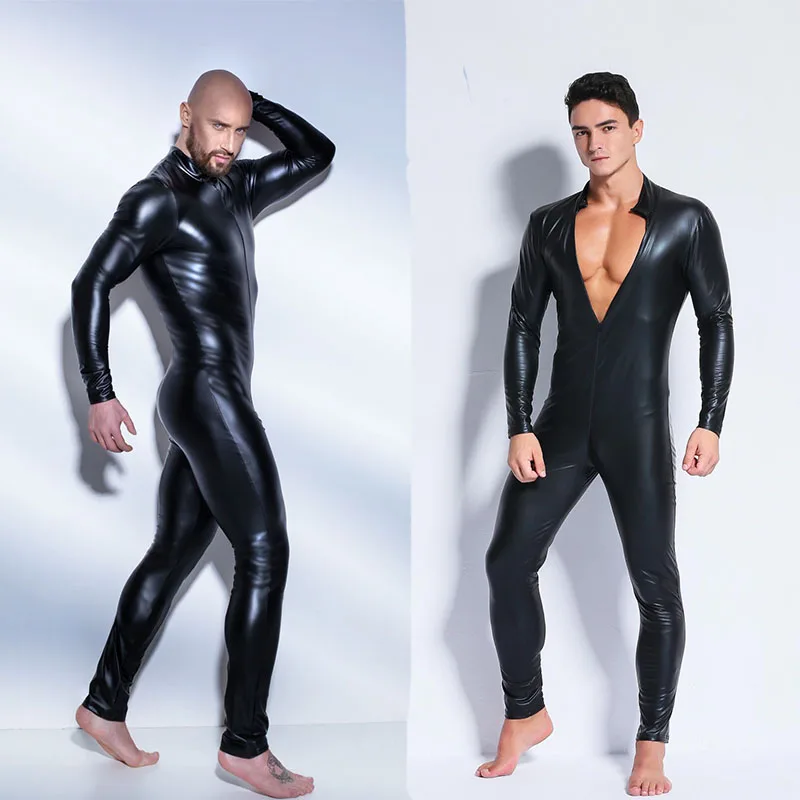 

2023 Sexy Men's Wetlook Faux Leather One Piece Skin Bodysuit Tights Catsuit Zentai Suit Male Costume Clubwear