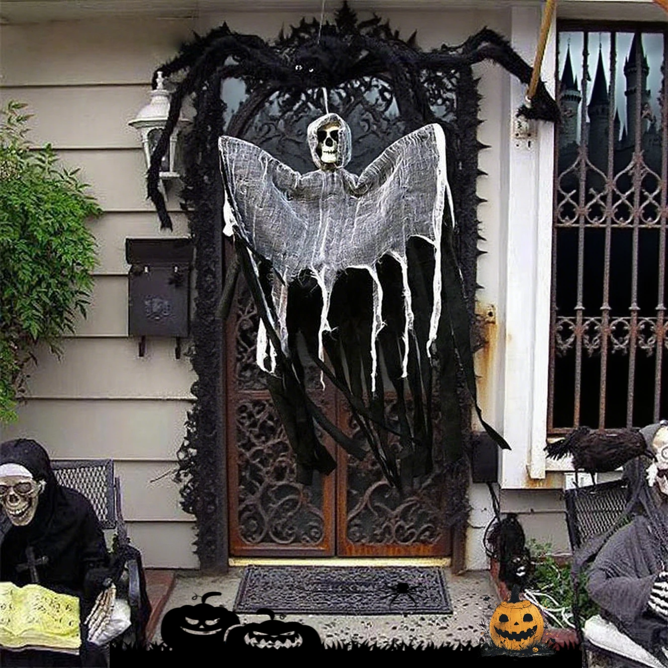 

Halloween Garden Branch Decoration Skull Head Gauze Hanging Ghosts Halloween Ceiling Decoration Props Large Simulation Spider