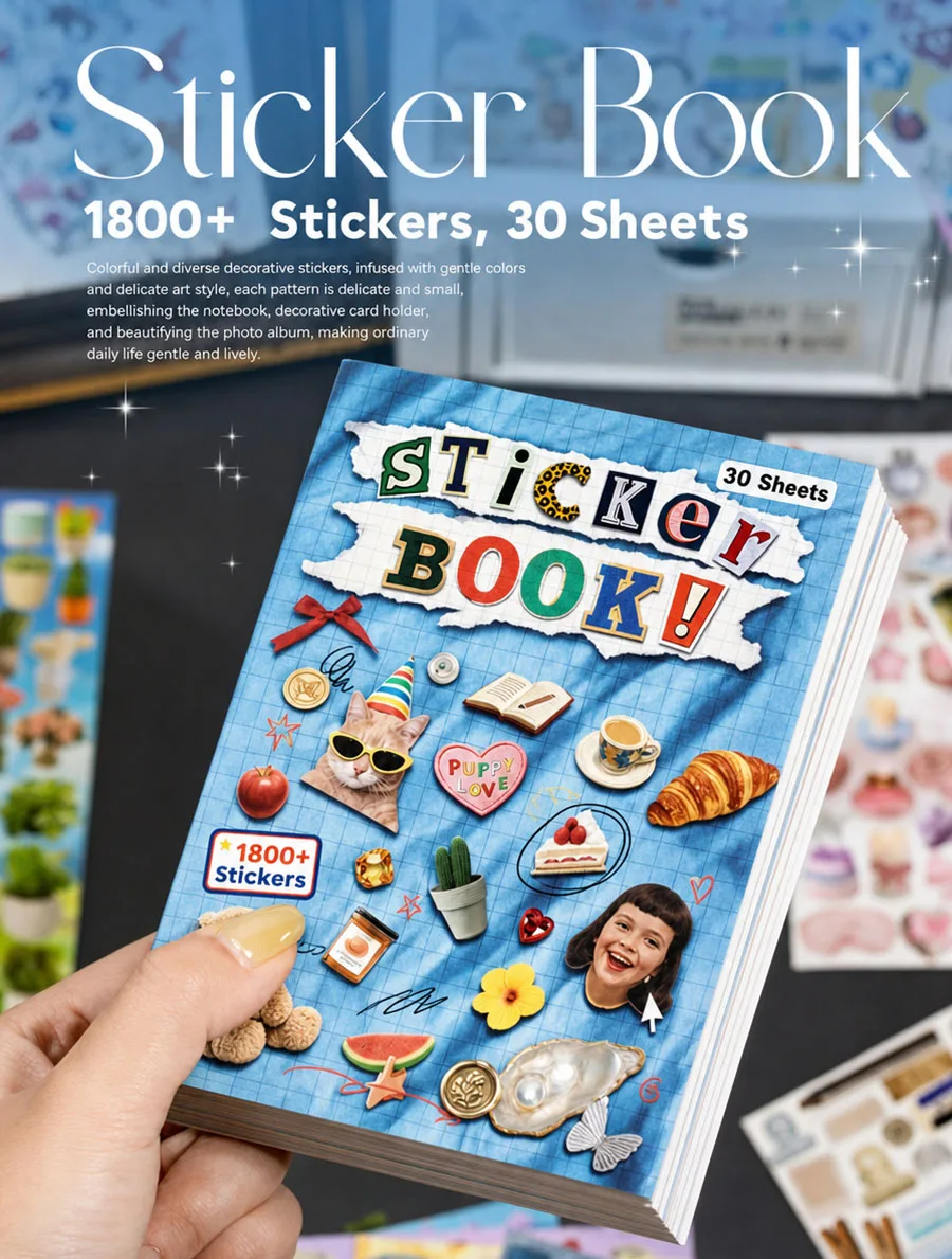 1800 Stück Aufkleberbuch, 30 Blatt, verschiedene Themen, selbstklebende Dekorationsaufkleber für Tagebuch, Scrapbook, Planer, DIY-Bastelgeschenk – Detail 1