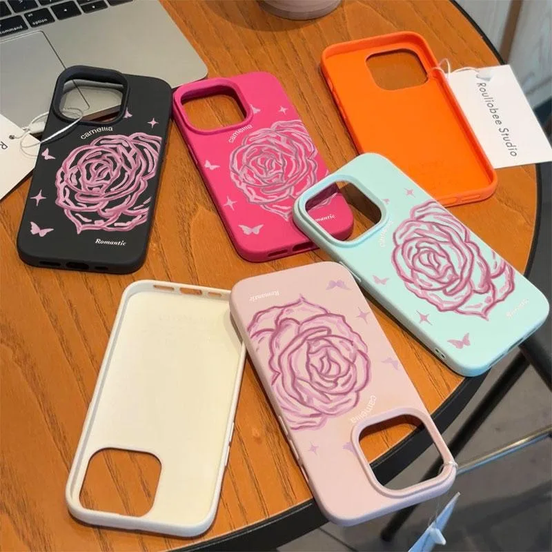 Pink Rose Fashion TPU Imitation Leather Phone Case for IPhone 16 Plus 15 14 13 12 11 Pro Max Shock-absorbing