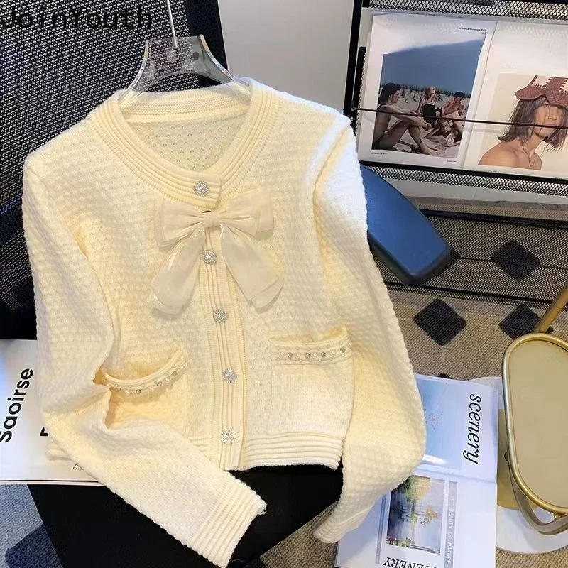 Knitwear Cardigan Coat Women Clothing Pull Femme Beading Bow Red Korean Sueter Mujer Fashion Vintage Knitted Sweater Tops 63a087