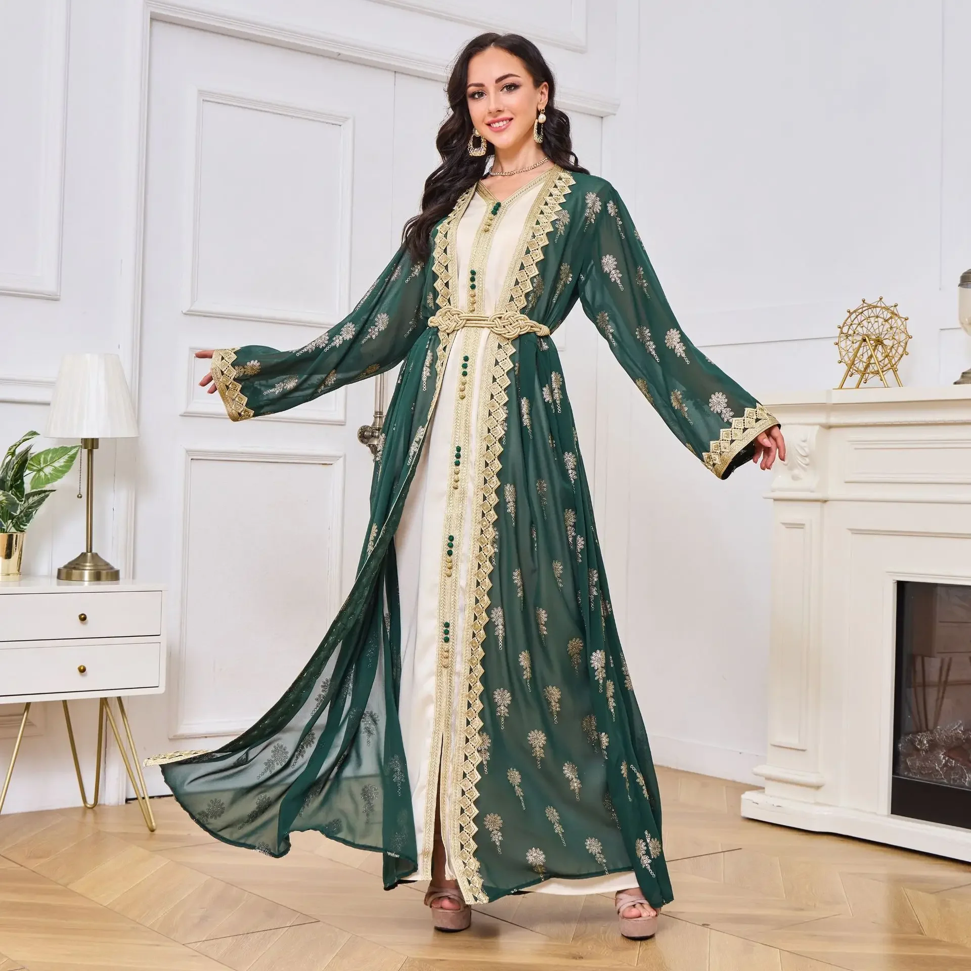 

Muslim Set 2 Piece Set Abayas Women Autumn Elegant Party Dress Arab Embroidered Cardigan Vest Morocco Dubai Turkey Islam Kaftan