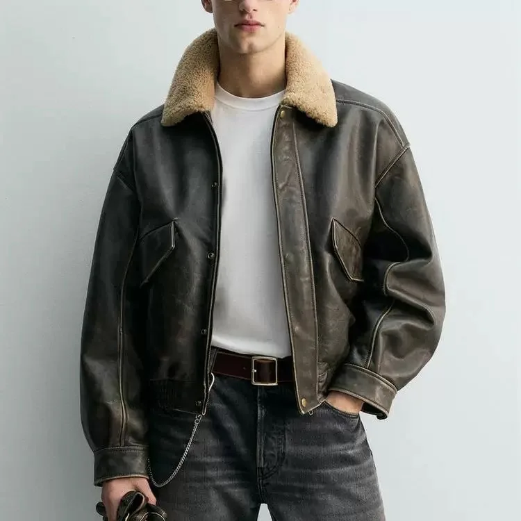 

New Winter Men's Retro Contrast Color Collar Leather Jaet Coat Long Sve Pure Color Loose Fit Youth Faion Spring Autumn