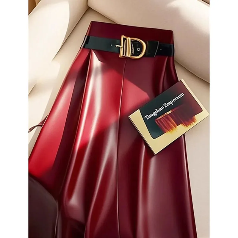 Autumn Winter Skirt Women 2024 New Plus-Size PU Leather Skirt Female Fashion Long Pleated Wine Red A-Line Skirts