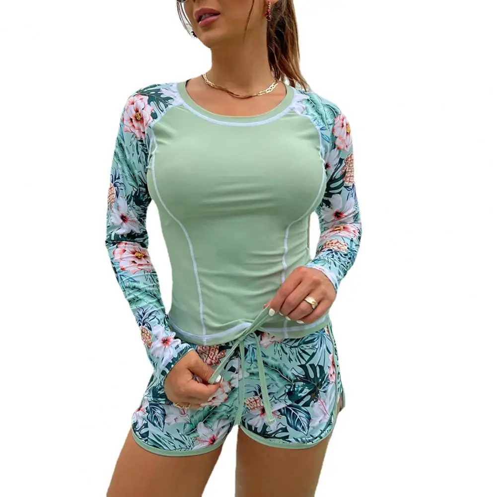 2 Pcs/Set Women Summer Swimsuit Long Sleeves Round Neck Flower Print Quick Drying High Waist Swimming Mini Shorts Conservative E