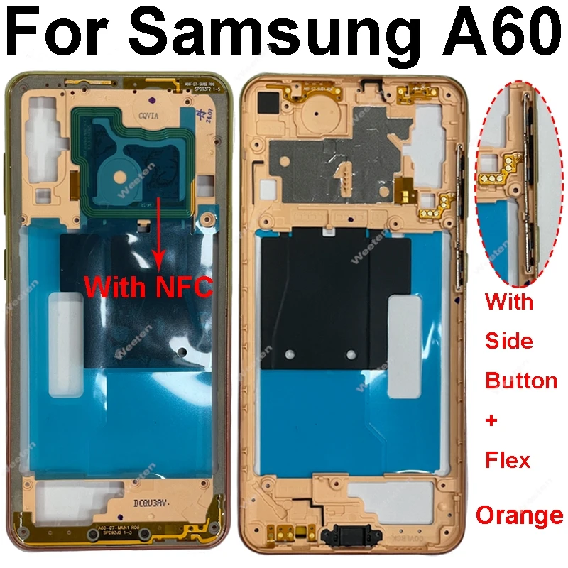 Bezel bingkai tengah untuk Samsung Galaxy A60, casing rangka tengah, casing rumah bingkai tengah, suku cadang pengganti pelat Tengah