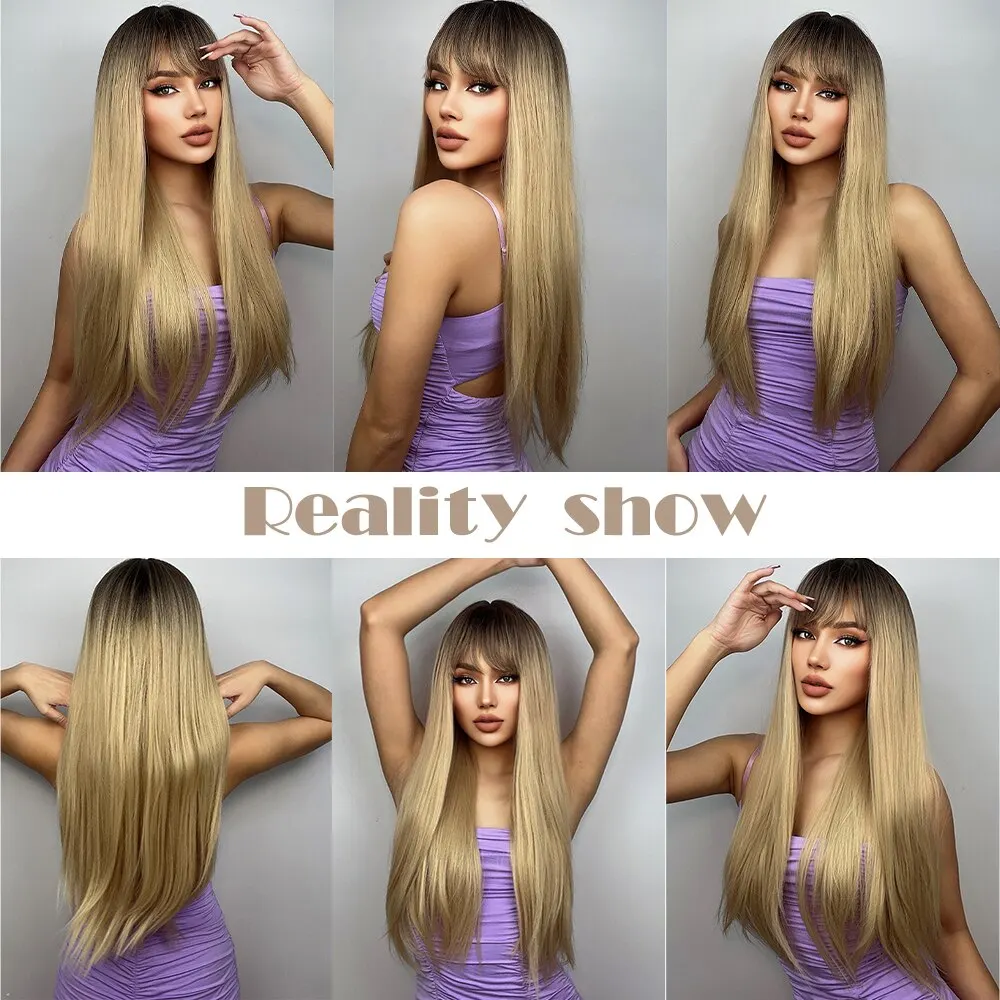 Brown Wigs For White Women Long Ombre Yellow Wigs With Bangs Synthetic Fashion Wig Cosplay Daily Use Heat Resistant Fiber