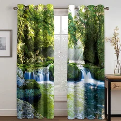 3D Waterfall Natural Scenery Landscape Thin Window Curtains For Living Room Kitchen Bedroom Left and Right Biparting Open