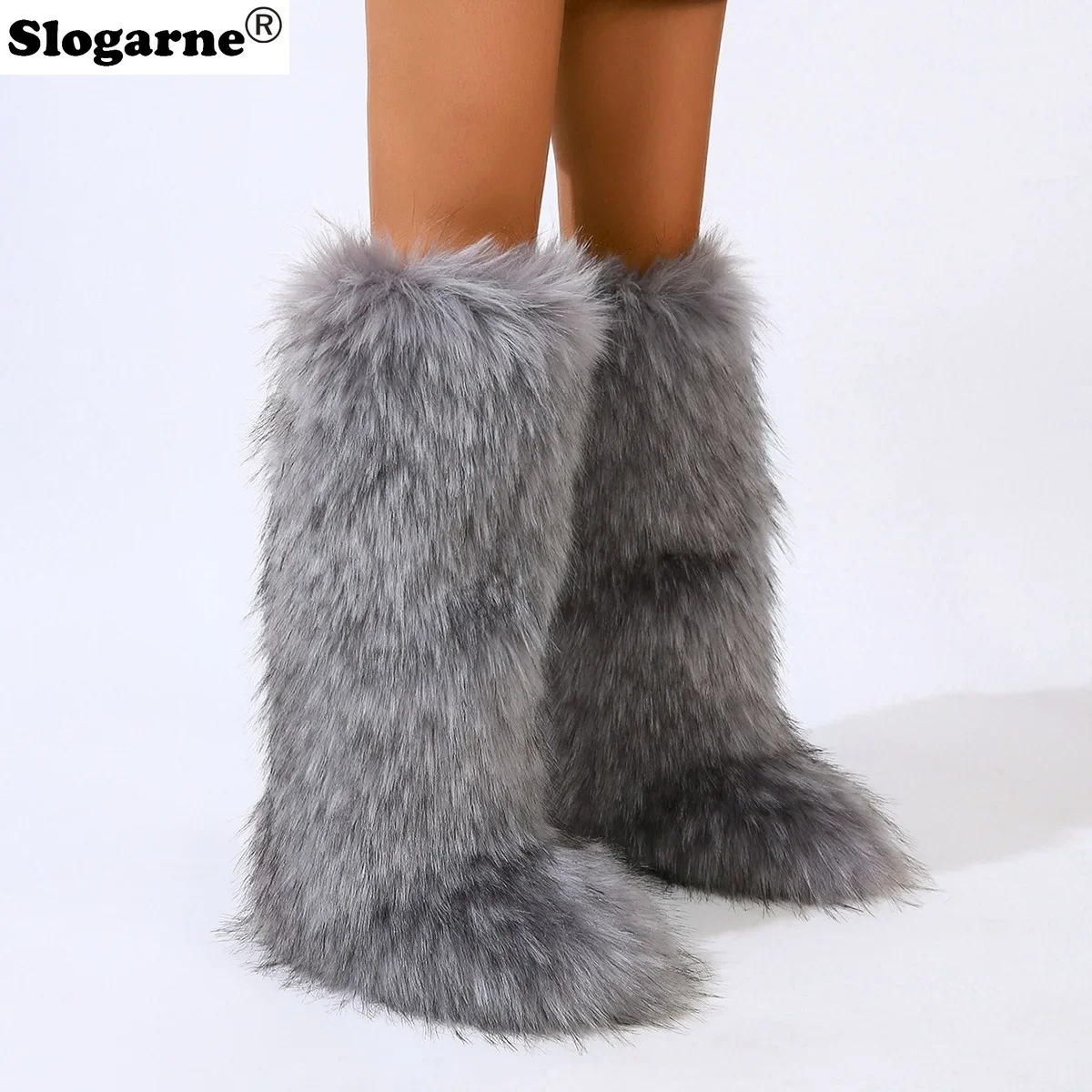 2024 Girls Winter Thigh High Fluffy Boots Ladies Furry Faux Fox Fur Long Warm Shoes Women New Designer Plush Knee High Fur Boots