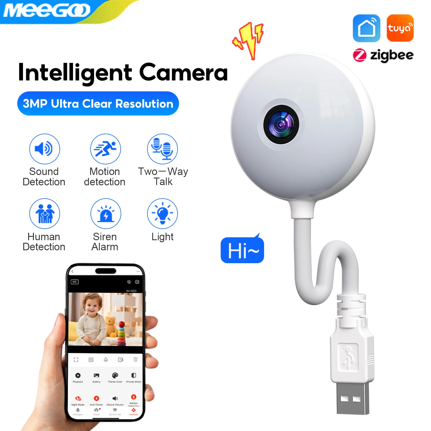 MeeGoo Intelligent Wireless WiFi Baby Monitoring HD Camera L01 JS-K500 USB Plug IP Surveillance AI Auto Tracking Babe Cam new