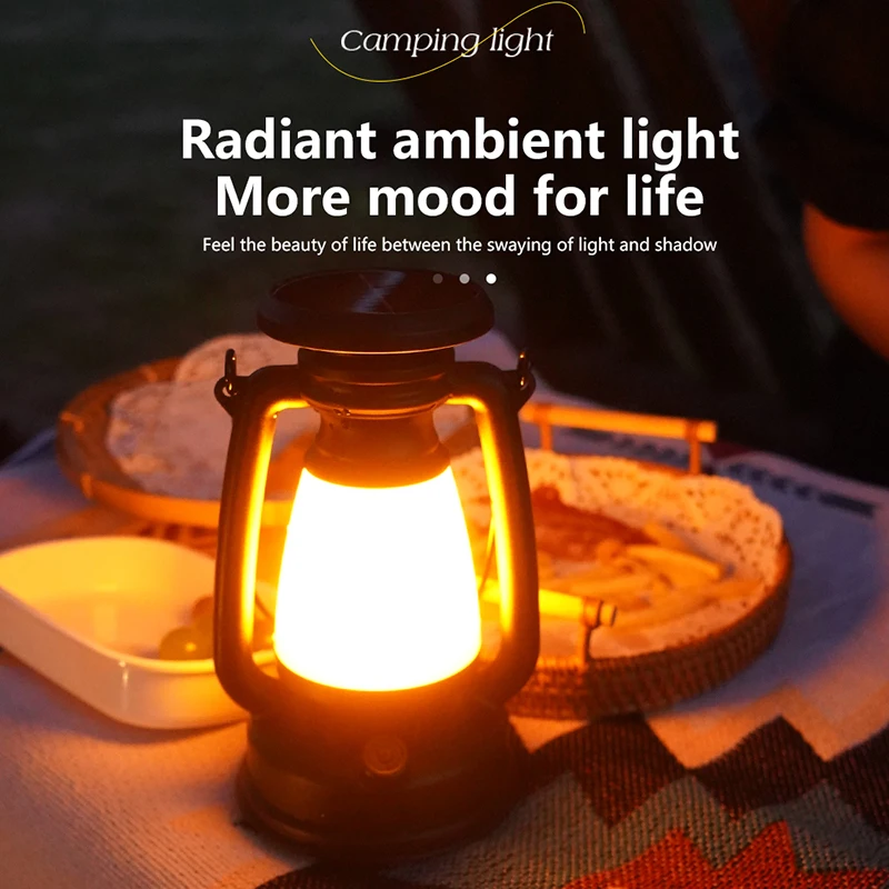 Portable Camping Lantern USB Rechargeable And Solar Energy Charging Hanging Tent Lamp Stepless Dimming of Cold and Warm Light