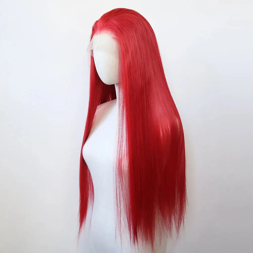 Pelucas frontales de encaje en T sin pegamento, cabello sintético liso Natural rojo resistente al calor