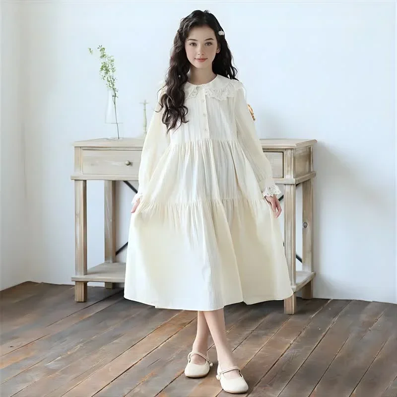 

Осеннее платье принцессы для девочек, бежевое повседневное длинное платье с кружевным вырезом для детей, хлопковая модная повседневная свободная школьная одежда для подростков