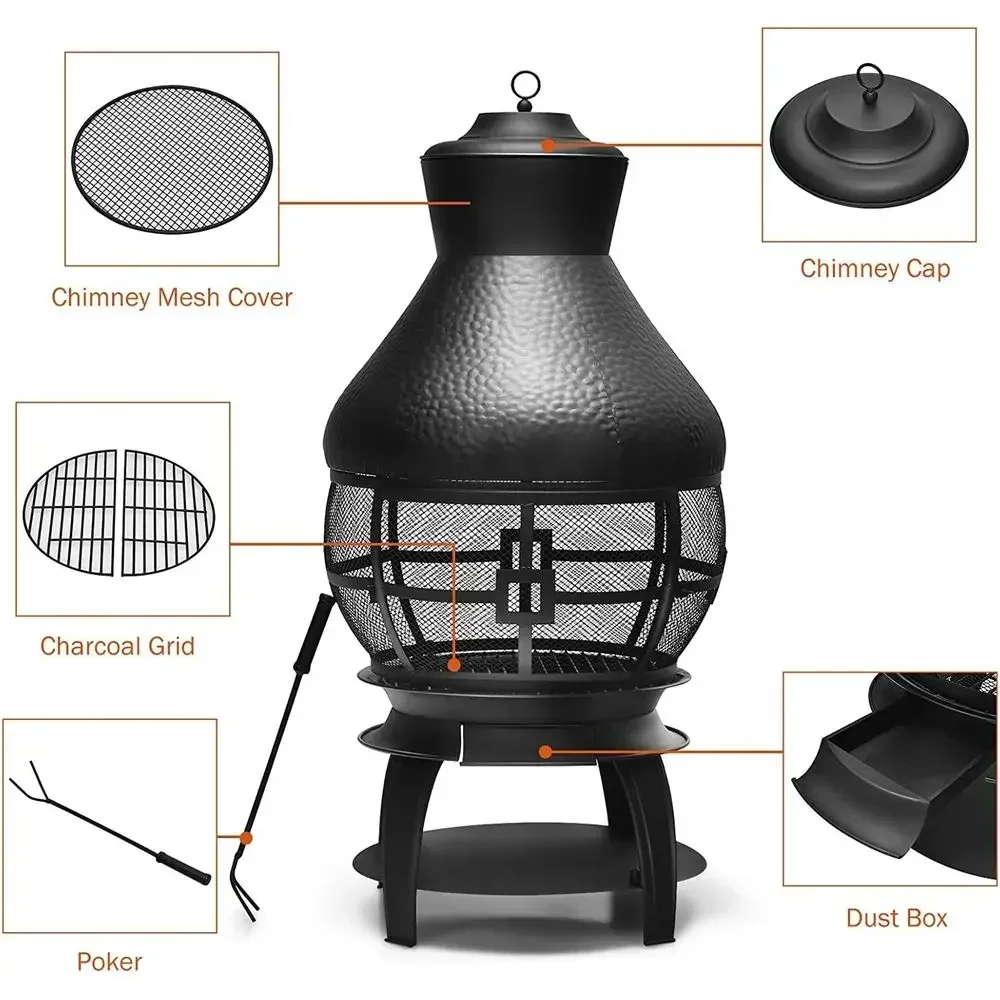 Outdoor Cast Iron Wood Burning Fire Pit with Wire Poker and 360° Mesh Cover