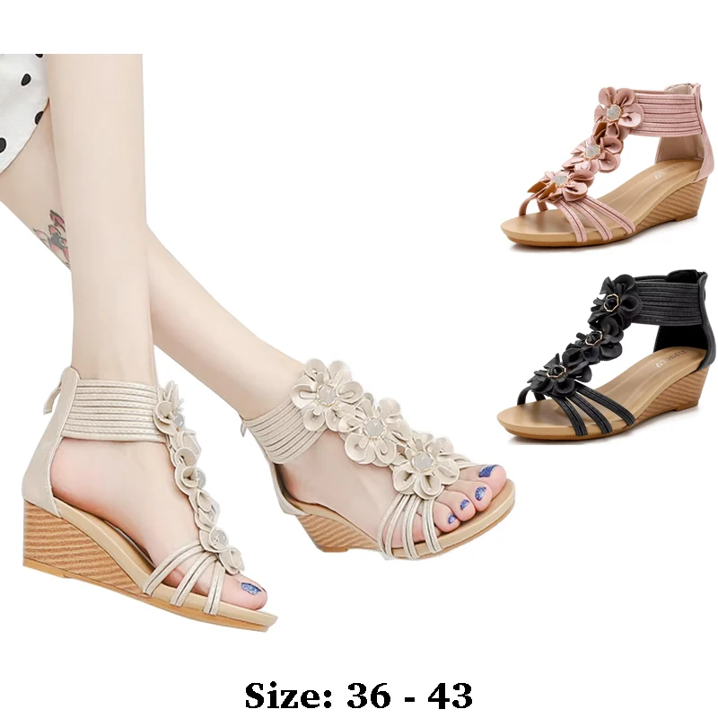 

High quality leather flat sandals for women 5cm mid heel flower summer 2026 36 43 open toe casual beach shoe black beige pink