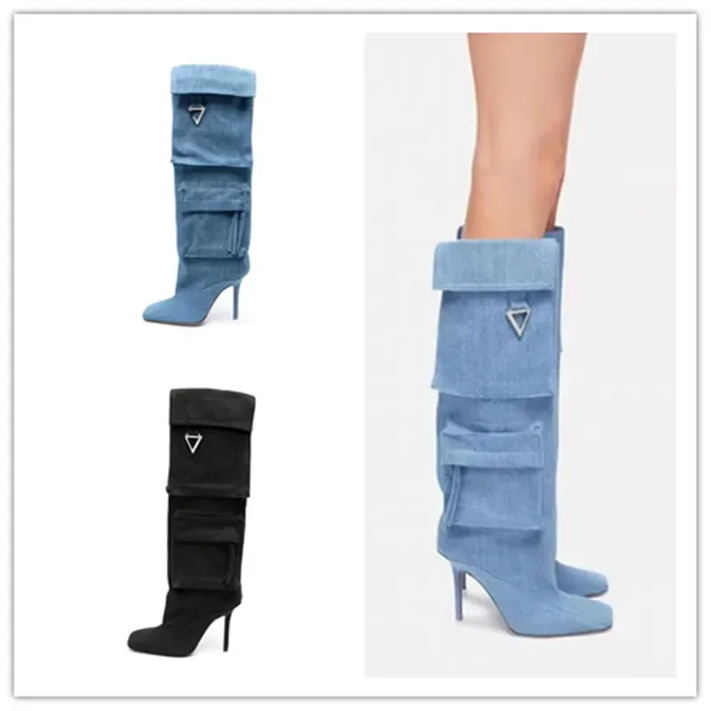 European And American Fashion, High Heels, Square Toe, Retro Denim Pockets, Fabric Surface, Knee Length Oversized Sleeve Boots