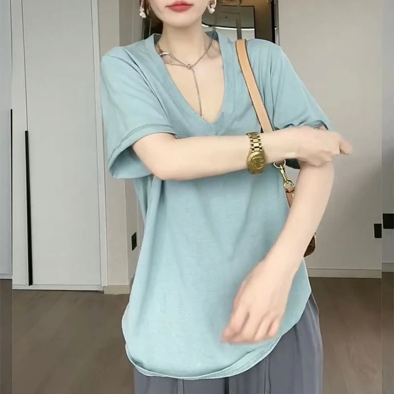 Summer Solid Color Fashion V-Neck T-shirt Women High Street Casual Short Sleeve Loose Pullovers Femme Ventilate Comfortable Tops