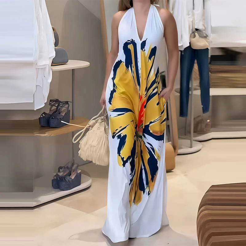 

Lady Sexy Halter V Neck Pocket Beach Dress Fashion Sleeveless Holiday Women Dress 2025 Floral Print Sleeveless Loose Long Dress