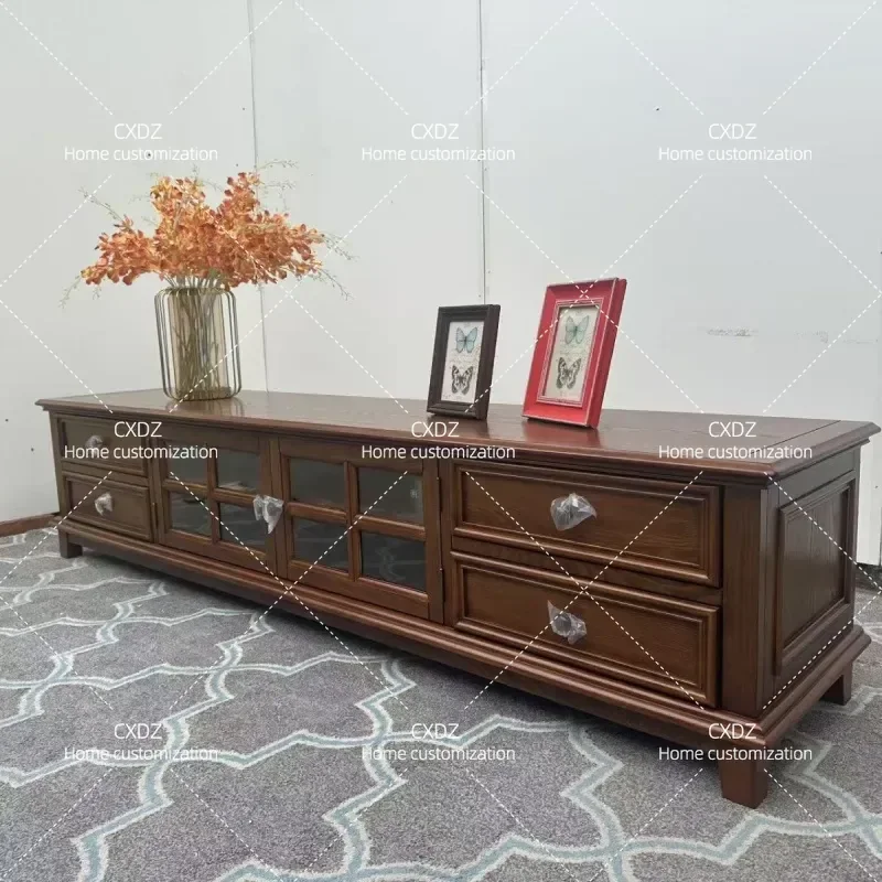 Rural Solid Wood TV Cabinet and Coffee Table Combo Retro Simple Living Room Furniture White Wax Floor Storage for Small