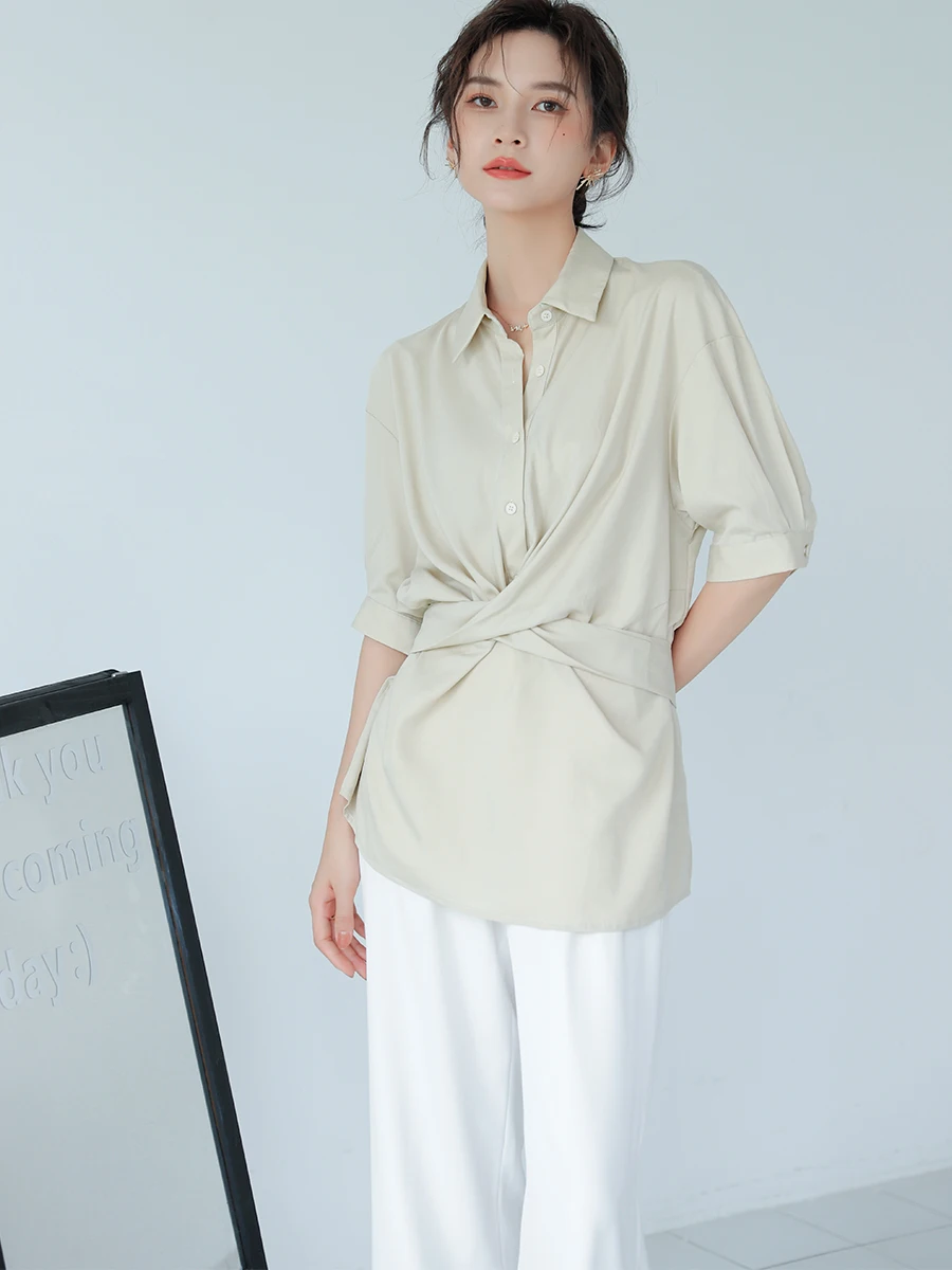 

DianThia Silk Thin Cross Waist Design Women's irt Sun Protection Unique Slimming Effect Straight Cut Five Sve Ne